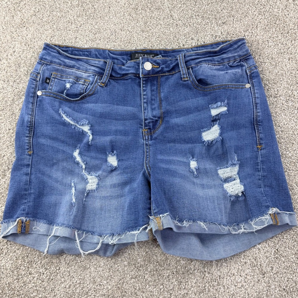 Judy Blue Distressed Denim Short XL High Rise Frayed Hem Stretch Jean Short Boho